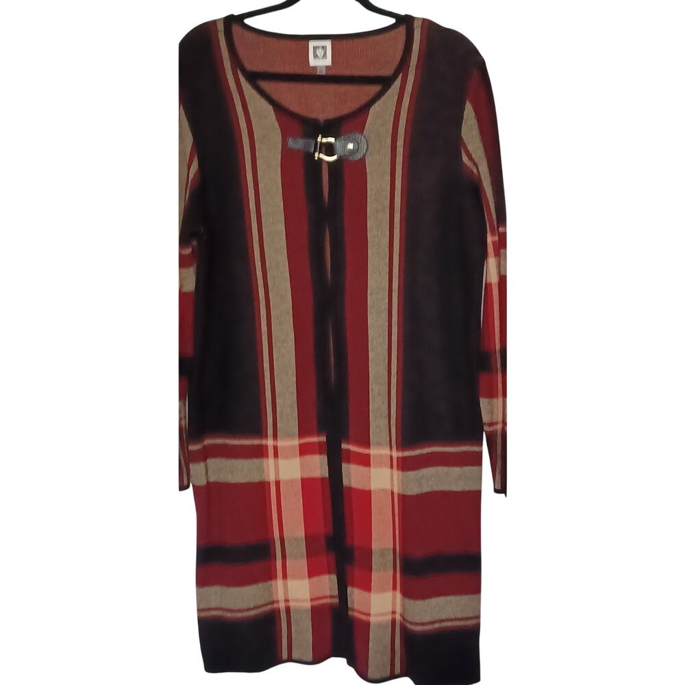 Anne Klein Plaid Duster Cardigan Sweater Coat Women's Large Faux Buckle Academia